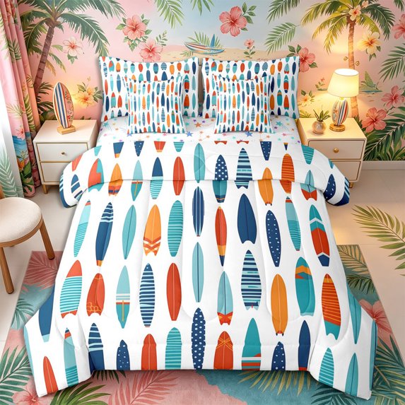Castle Fairy Flat Striped Surfboard Full Size Bedding Sets 7 Pieces,Dotted Surf Board Tile Print Full Size Bed in a Bag,Orange Navy,Reversible