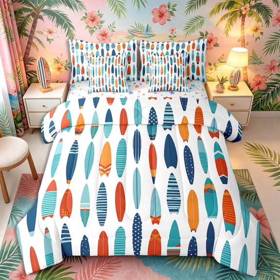 Castle Fairy Flat Striped Surfboard Queen Bedding 7pcs,Dotted Surf Board Tile Print Bedding Comforter Set Queen,Orange Navy,Reversible