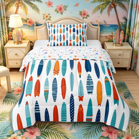 Castle Fairy Flat Striped Surfboard Twin Comforter Sets 2pcs,Dotted Surf Board Tile Print Bedding Set,Orange Navy,Reversible,1 Comforter and 1 Pillowcase
