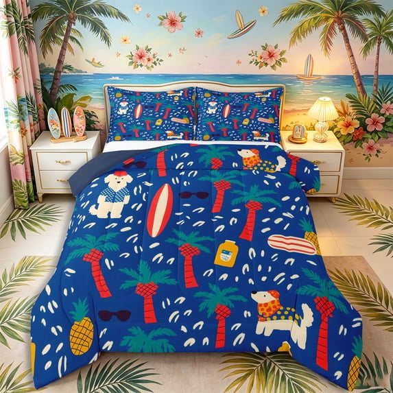 Castle Fairy Flat Summer Dog Print Queen Comforter Set 3 Pieces,Palm Pineapple Surf Tile Comforter Sets Queen,Navy White,Navy Blue Reversible,1 Comforter and 2 Pillowcases