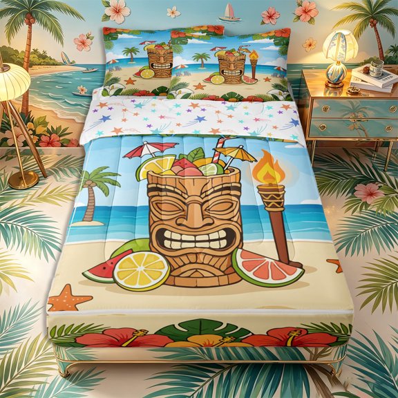 Castle Fairy Flat Tiki Cocktail Art Zipper Twin Comforter Sets with Fitted Sheet and 2 Pillowcases,Palm Hibiscus Coastal Frame Print Zipper Bedding Set,Tan Teal,Reversible,4-Piece