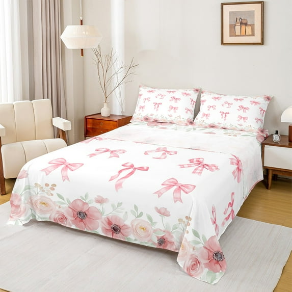 Castle Fairy Floral Bow-Tie 4-Piece Full Size Sheets for Teens Girls Kids,Chic Pink Flower Bed Sheets,Dreamy Princess Lightweight Sheet Sets,Ultra Soft Home Decor