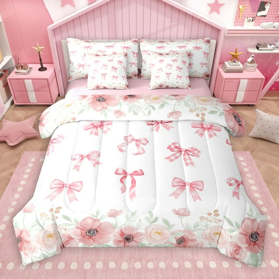 Castle Fairy 7-Piece Twin Bedding Set - Floral Bow-Tie, Pink Flower