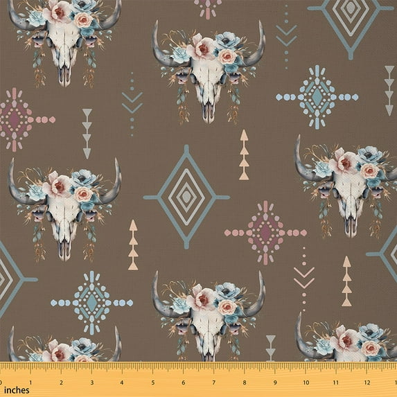 Castle Fairy Floral Bull Skull Fabric by the Yard 10 Yard,Tribal Aztec Room Decor Fabric by the Yard,Teal Brown Sewing Fabric,Ultra Soft Western Home Decor