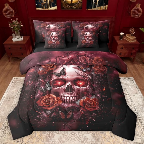 Castle Fairy Floral Butterflies 7-Piece Bedding Comforter Set, King Size, Gothic Floral Rose Skull, Abstract Gradient, Reversible