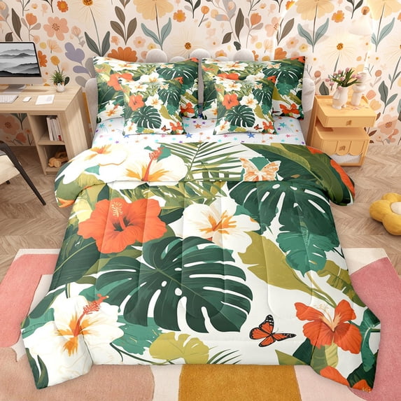 Castle Fairy Floral Butterflies Bedding Comforter Set 7pcs for Boys Girls,Tropical Tree Leaves Queen Bedding Sets Super Cozy,Botanical Plants Queen Sheet Sets,Breathable Home Decor,Reversible