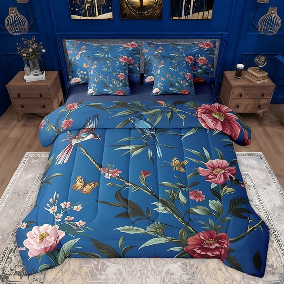 Castle Fairy Floral Butterflies Birds Twin Bedding Sets 7-Piece for Teens Adults,Retro Vintage Luxury Aesthetic Bedding Comforter Set Microfiber,Chic Flowers Blossoms Breathable Sheet Sets