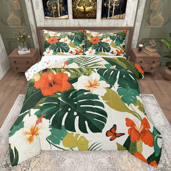 Castle Fairy Floral Butterflies Full Size Comforter Sets 3-Piece for Boys Girls,Tropical Tree Leaves Bedding Comforter Set,Botanical Plants Lightweight Bedding Sets,Breathable Home Decor,Reversible