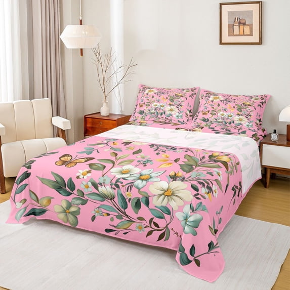 Castle Fairy Floral Butterfly 4pcs Bed Sheets for Boys Girls,Chic Vintage Flowers King Sheets,Botanical Plants Super Cozy Sheet Set,Super Cozy Room Decor
