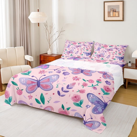 Castle Fairy Floral Butterfly Bed Sheets for Children,Spring Garden King Sheets