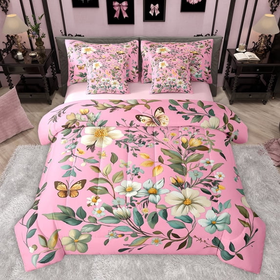Castle Fairy Floral Butterfly Bedding Comforter Set 7pcs for Boys Girls,Chic Vintage Flowers Queen Bedding Sets Super Cozy,Botanical Plants Queen Sheet Sets,Super Cozy Room Decor,Reversible