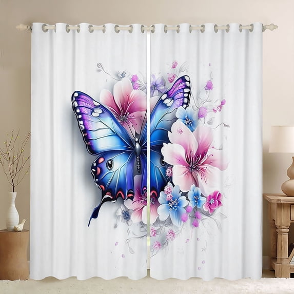 Castle Fairy Floral Butterfly Black Out Curtains,Blue Pink Curtains Pack of 2 (42x63 Each)