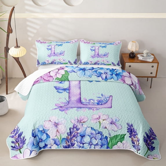 Castle Fairy Floral Butterfly Letter L Twin Quilt Set for Girls,Initial Flowers Twin Coverlet Set