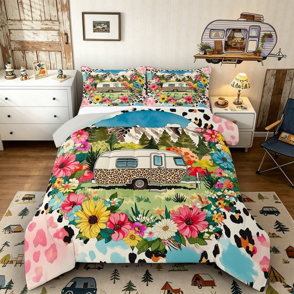 Castle Fairy Floral Camper Full Size Comforter Sets 3 Pieces for Girls, Mountain Art Bedding Sets for Bedroom, Pink Green Beige,Grey Reversible