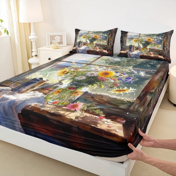 Castle Fairy Floral Daisy 3pcs Twin Sheet Sets,Watercolor Flower Twin Fitted Sheet,Rustic Cabin Breathable Flat Sheet,Microfiber Teens Bedroom Decor