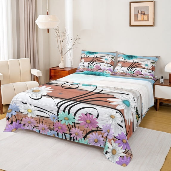 Castle Fairy Floral Daisy 3pcs Twin Sheet Sets for Teens,Rustic Flower Twin Fitted Sheet,Lodge Cabin Breathable Flat Sheet,Lightweight Room Decor
