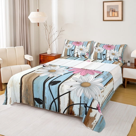 Castle Fairy Floral Daisy 4 Pieces Queen Sheet Sets for Teens,Rustic Flower Ultra Soft Flat Sheet,Lodge Cabin Queen Fitted Sheet,Lightweight Room Decor