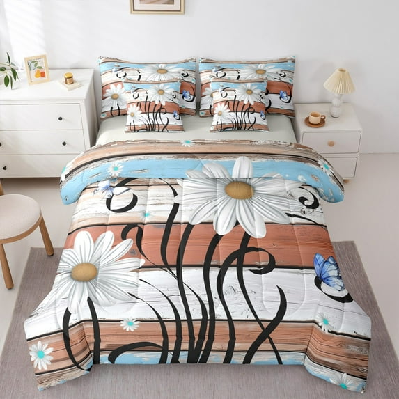 Castle Fairy Floral Daisy 7pcs Bedding Comforter Set for Teens,Rustic Flower Queen Bedding Sets Super Cozy,Lodge Cabin Queen Sheet Sets,Lightweight Room Decor