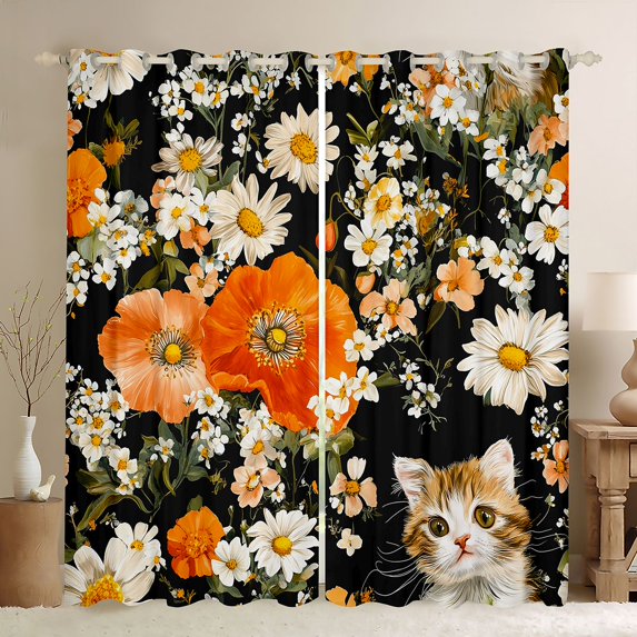 Castle Fairy Floral Daisy Curtains Pack of 2 (42x84 Each),Kawaii Cat Curtains Blackout
