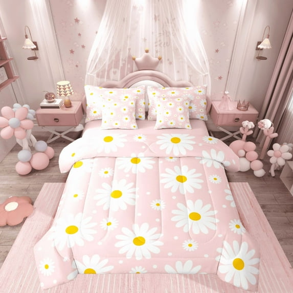 Castle Fairy Floral Daisy Girl 7-Piece Bedding Comforter Set,Chic Flower King Bedding Sets,Polka Dots Ultra Soft Bed Sheets,Luxury Bedroom Decor