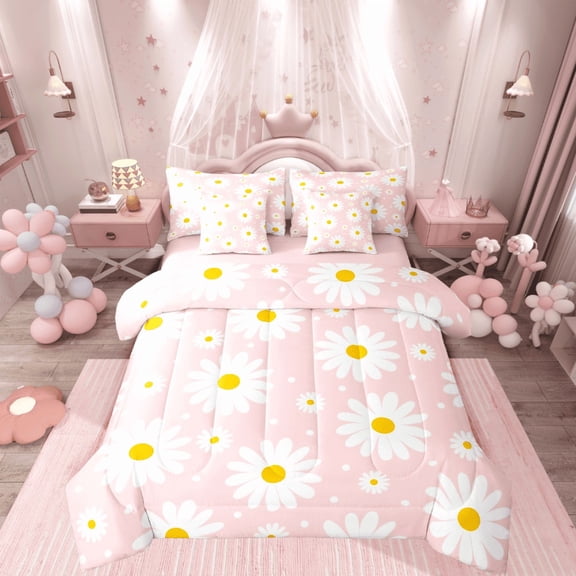 Castle Fairy Floral Daisy Girl 7pcs Bedding Comforter Set,Chic Flower Queen Bedding Sets Super Cozy,Polka Dots Queen Sheet Sets,Luxury Bedroom Decor