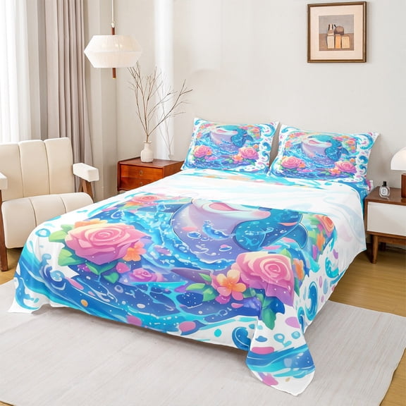 Castle Fairy Floral Dolphin 4-Piece Full Size Sheets,Marine Animal Bed Sheets,Sea Theme Lightweight Sheet Sets,Microfiber Marine Bedroom Decor