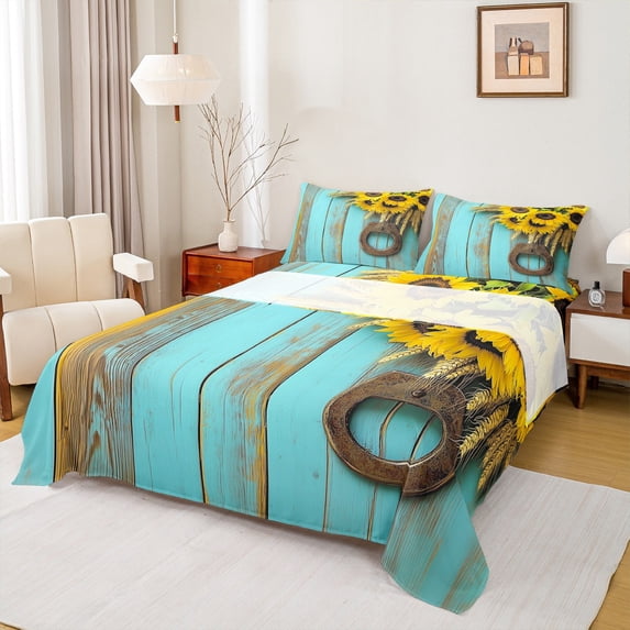 Castle Fairy Floral Flowers Sunflowers 4 Pieces Queen Sheet Sets for Female Men Adults,Vintage Aesthetic Ultra Soft Flat Sheet,Rustic Lodge Cabin Queen Fitted Sheet,Breathable Home Decor