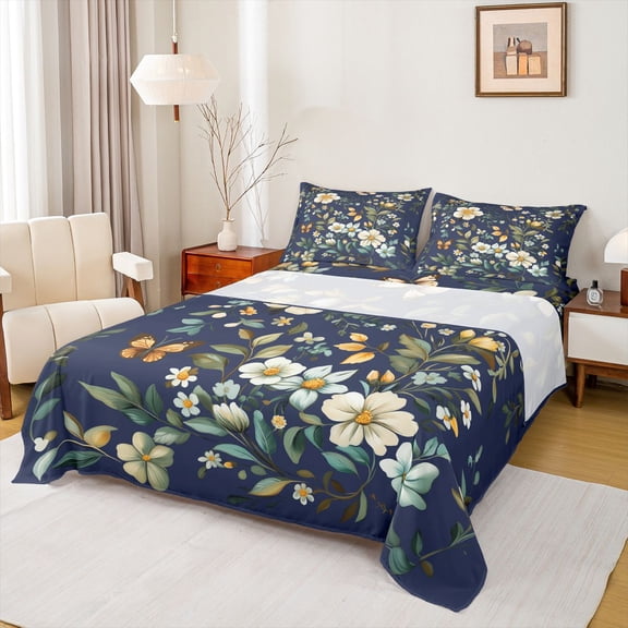 Castle Fairy Floral Flying Butterfly 4pcs Bed Sheets for Teens,Retro Vintage Aesthetic King Sheets,Spring Garden Flowers Blossoms Super Cozy Sheet Set,Microfiber Bedroom Decor