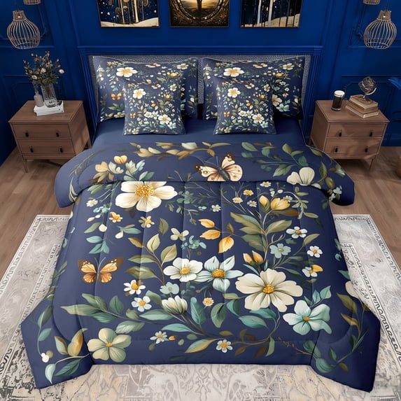 Castle Fairy Floral Flying Butterfly Bedding Comforter Set 7-Piece for Teens,Retro Vintage Aesthetic King Bedding Sets,Spring Garden Flowers Blossoms Ultra Soft Bed Sheets,Microfiber Bedroom Decor