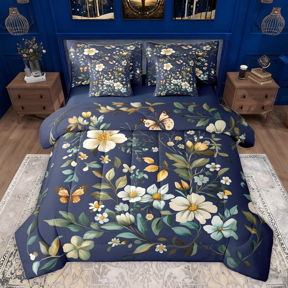 Castle Fairy Floral Flying Butterfly Bedding Comforter Set 7 Pieces for Teens,Retro Vintage Aesthetic Full Bedding Set Lightweight,Spring Garden Flowers Blossoms Fitted Sheet Flat Sheet