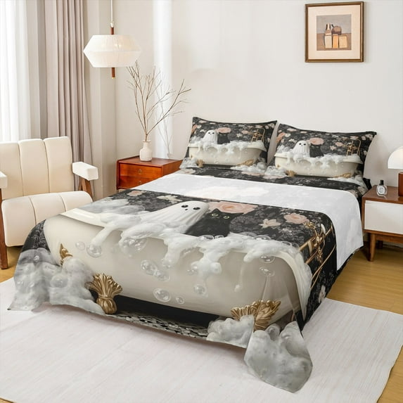 Castle Fairy Floral Ghost 4-Piece Full Size Sheets,Black Pink Bed Sheets,Black Cat Lightweight Sheet Sets,Super Cozy Flower Room Decor