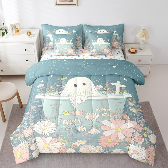 Castle Fairy Floral Ghost 7-Piece Twin Bedding Sets,Pink Blue Bedding Comforter Set,Happy Halloween Breathable Sheet Sets,Super Cozy Flower Room Decor,Reversible