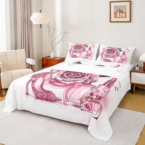 Castle Fairy Floral High Heels Full Size Sheets,Happy Valentine's Day Bed Sheets