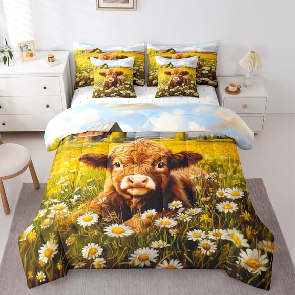 Castle Fairy Floral Highland Bull Bedding Comforter Set,Flower Daisy Cow Full Bedding Set