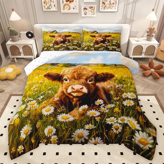 Castle Fairy Floral Highland Bull Twin Comforter Sets,Flower Daisy Cow Bedding Set