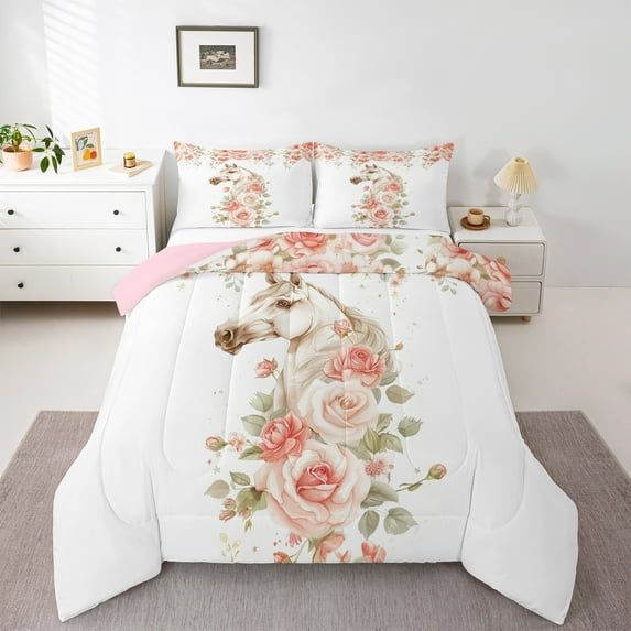 Castle Fairy Floral Horse 3 Pieces Queen Comforter Set for Women Men,Pink Flower Rose Ultra Soft Bedding Sets,Farmhouse Animal Bedding Comforter Set,Microfiber Bedroom Decor