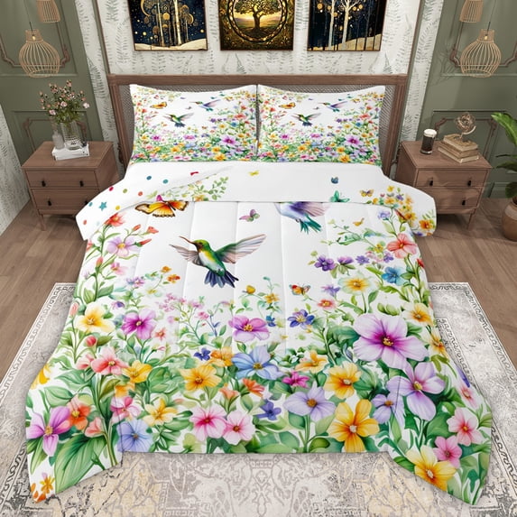 Castle Fairy Floral Hummingbird Queen Comforter Set,Spring Garden Bedding Comforter Set
