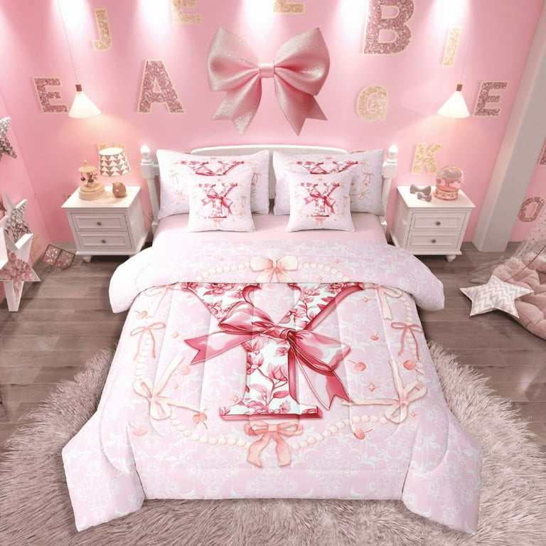 Castle Fairy Floral Initial 7-Piece Bedding Comforter Set,Dreamy