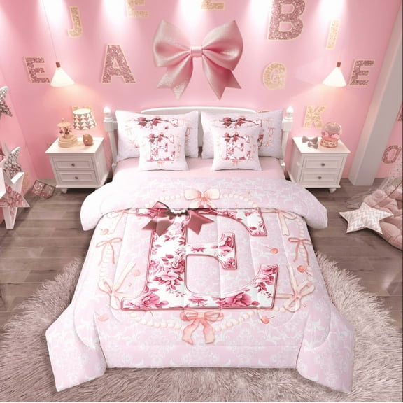 Castle Fairy Floral Initial 7-Piece Bedding Comforter Set,Dreamy Princess King Bedding Sets,Bow Flower Ultra Soft Bed Sheets,Breathable Girls Bedroom Decoration