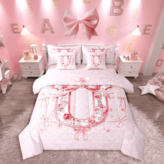 Castle Fairy Floral Initial 7-Piece Twin Bedding Sets,Dreamy Princess Bedding Comforter Set,Bow Flower Breathable Sheet Sets,Breathable Girls Bedroom Decoration