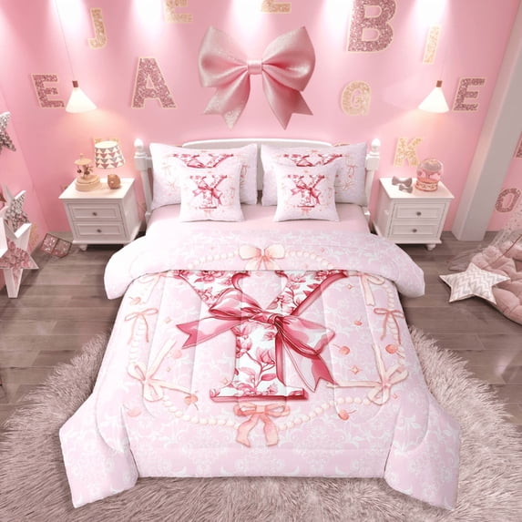 Castle Fairy Floral Initial 7-Piece Full Dreamy Princess Bow Flower Breathable Girls’ Bedding Set