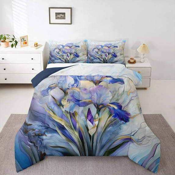 Castle Fairy Floral Iris 3 Pieces Queen Comforter Set,Gradient Marble Ultra Soft Bedding Sets,Abstract Artwork Bedding Comforter Set,Microfiber Teens Bedroom Decor,Reversible