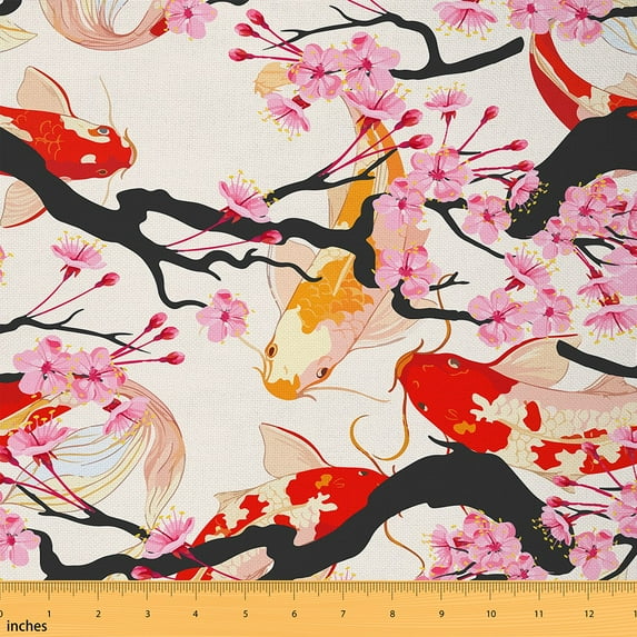 Castle Fairy Floral Koi Fabric by the Yard 1 Yard for Teens,Japanese Style Home Decor Fabric by the Yard,Cherry Blossom Room Decor Fabric by the Yard,Breathable Home Decor