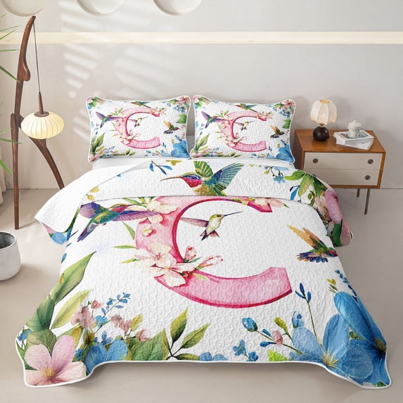 Castle Fairy Floral Letter C Hummingbird Quilt King for Adults,Spring Garden King Coverlet Set