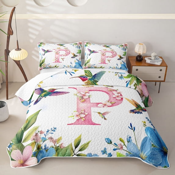 Castle Fairy Floral Letter P Hummingbird Bed Spread Queen for Women,Watercolor Print Queen Coverlet Set