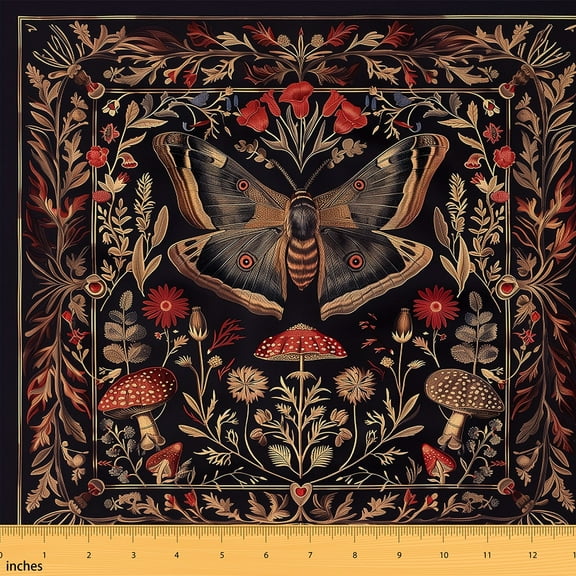 Castle Fairy Floral Moth Fabric by the Yard 1 Yard,Flower Mushroom Home Decor Fabric by the Yard,Gothic Style Room Decor Fabric by the Yard,Ultra Soft Home Decor