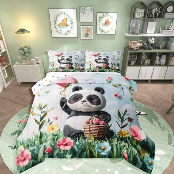 Castle Fairy Floral Panda 2pcs Bedding Comforter Set,Cartoon Animal Twin Comforter Sets,Love Heart Print Breathable Bedding Set,Ultra Soft Wildlife Home Decor,Reversible