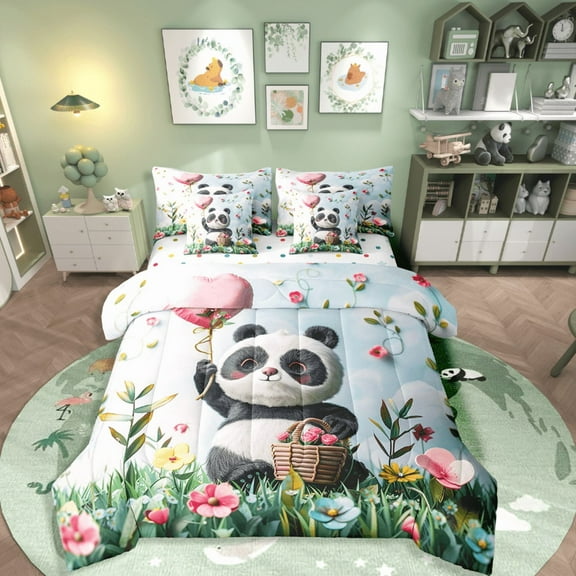 Castle Fairy Floral Panda 7-Piece Bedding Comforter Set,Cartoon Animal King Bedding Sets,Love Heart Print Ultra Soft Bed Sheets,Ultra Soft Wildlife Home Decor,Reversible