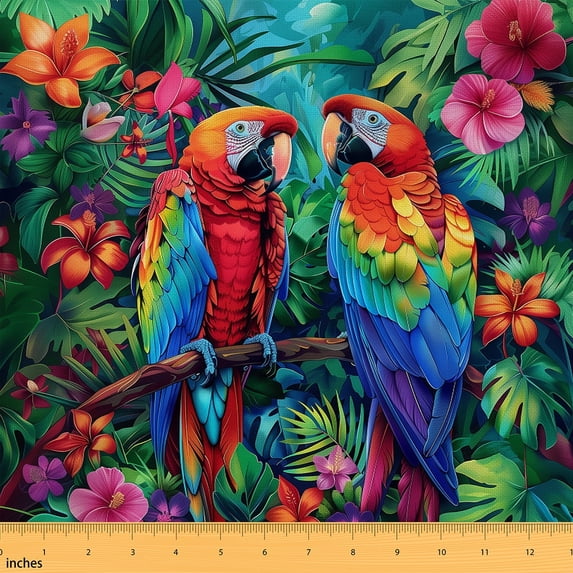 Castle Fairy Floral Parrot Fabric by the Yard 1 Yard,Flower Animal Home Decor Fabric by the Yard,Tropical Leaves Room Decor Fabric by the Yard,Super Cozy Room Decor