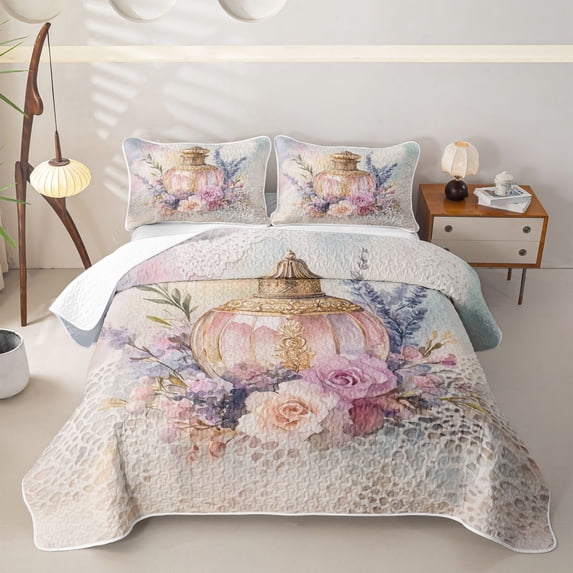 Castle Fairy Floral Perfume Print Twin Quilt Set,Vintage Watercolor Flowers Pattern Twin Coverlet Set,Pink Purple